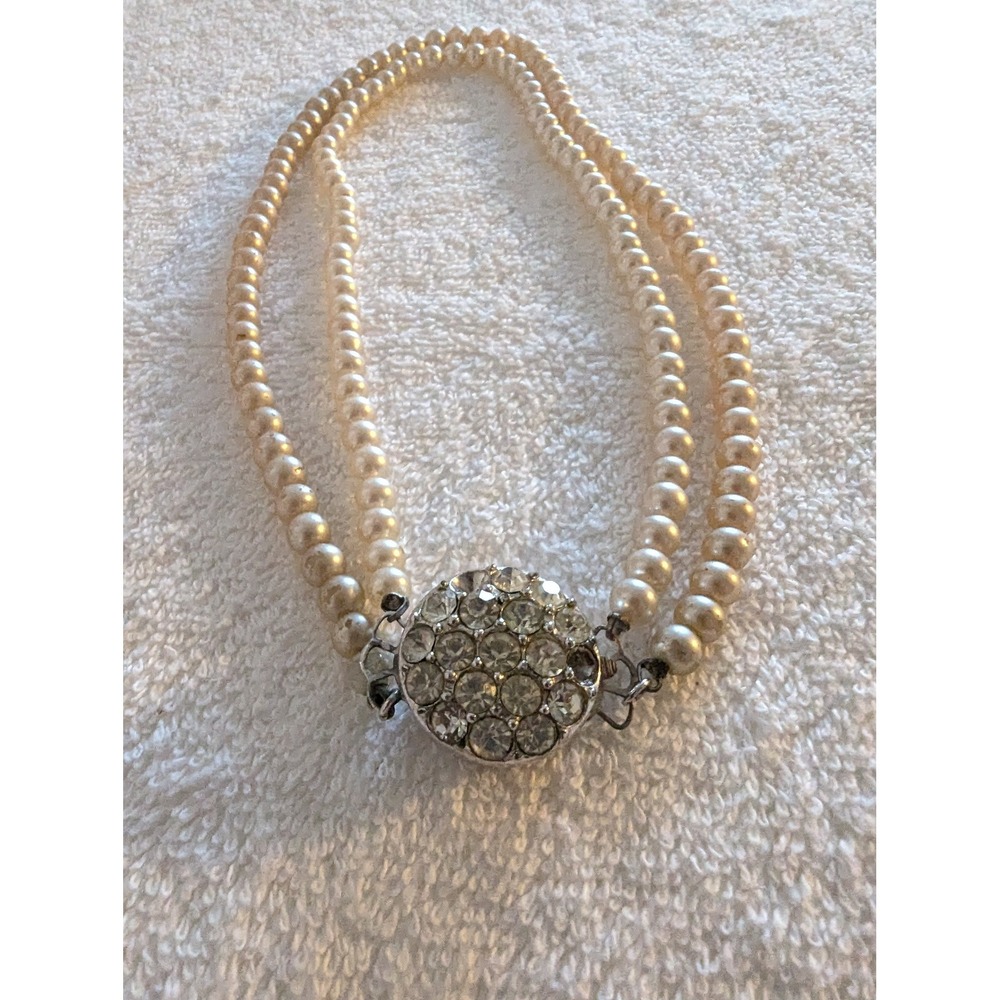 Vintage Sarah Coventry‎ Faux Pearl Necklace Double Strand Rhinestone Clasp